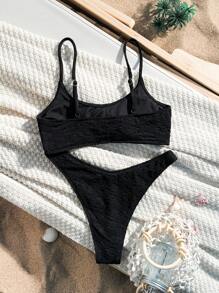 SHEIN Swim Women's High-Cut Textured Bikini Set, Perfect For Summer Beach Or Vacation - Black - View 2