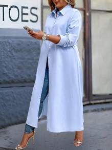SHEIN LUNE Plus Size Women's Solid Color Long Shirt Dress Winter Fall Autumn - Baby Blue - View 3