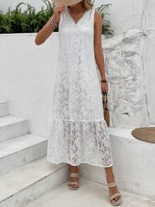 EMERY ROSE Letnia koronkowa sukienka bez rękawów z falbaną