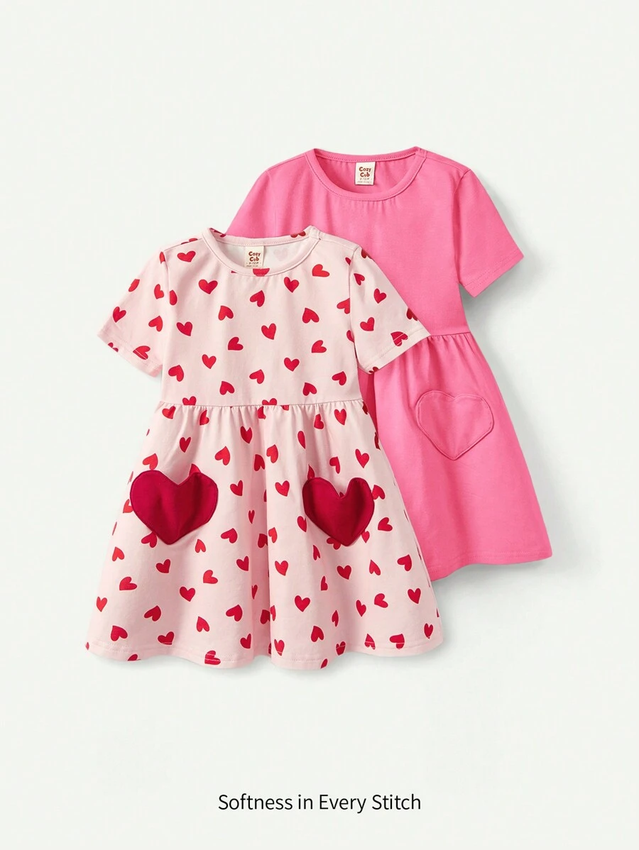 Cozy Pixies Đứa bé gái Hình trái tim Màu thuần Vòng cổ Ngắn tay Eo Đầm 2 cái/bộ - Hồng - Xem 1