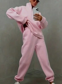 SHEIN EZwear 半拉鏈落肩袖衛衣和衛褲 - 粉色 - 查看 1