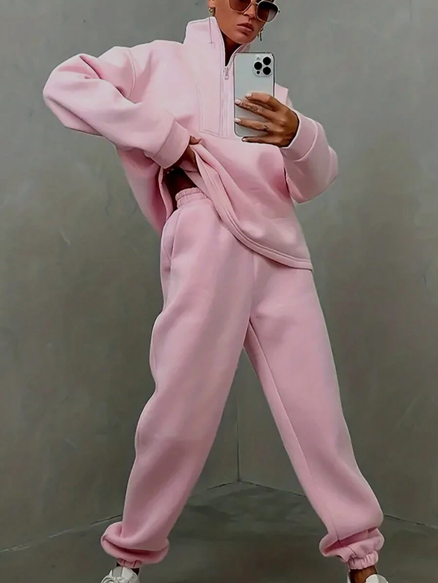 SHEIN EZwear 半拉鏈落肩袖衛衣和衛褲 - 粉色 - 查看 1