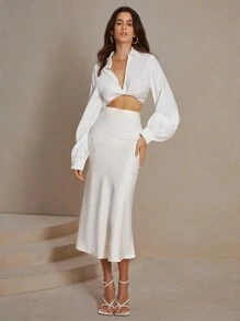 Anewsta Elegant White Satin Cropped Sexy Urban Women Shirt