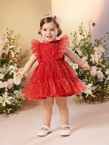 SHEIN Em bé Cô gái Thanh lịch In Hoa hồng Lưới Viền Ruffle Váy không tay - Đỏ - Xem 5