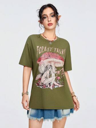 Fairycore Camiseta casual para mujeres con estampado de elfos en manga corta y talla grande para el verano