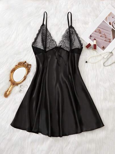 SilkySpell Bow Front Lace Trim Satin Babydoll Sexy Lingerie Dress Bow Tie