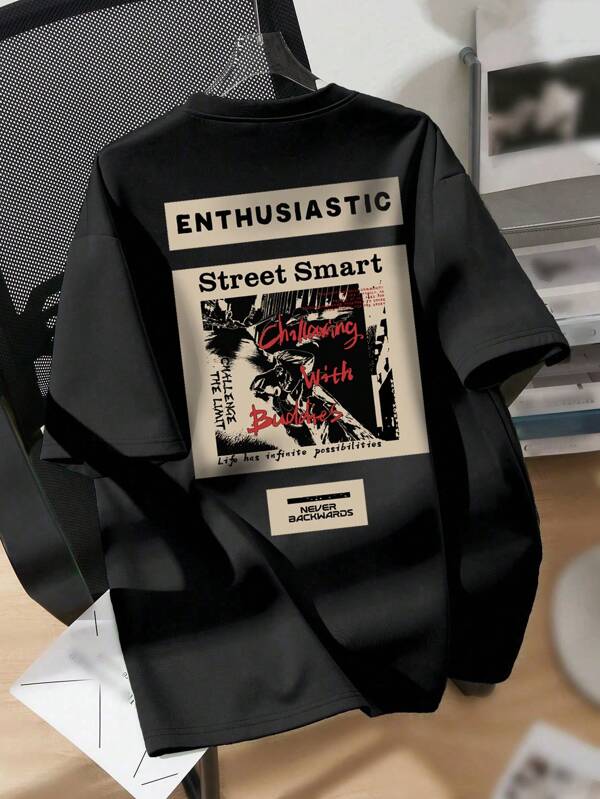 SHEIN Teenage Boy Casual Cartoon Letter Print Short Sleeve T-Shirt, Suitable For Summer