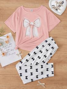 Tween Girl 3D蝴蝶結印花短袖上衣和長褲休閒套裝