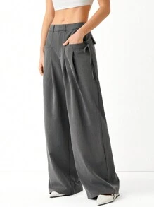 SHEIN EZwear 春夏深灰色高腰翻盖口袋侧压系带阔腿西装裤 - 灰色 - 查看 3