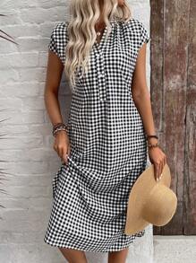EMERY ROSE Women Loose Short Sleeve Plaid V-Neck Shirt Dress Summer Dress