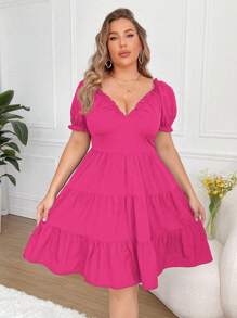 Flirla Plus Size V-Neck Ruffle Hem Summer Holiday Dress - Hot Pink - View 5