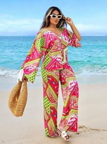 VaVaBold Conjunto de camisa de manga larga Vintage Floral de cuello en V y pantalones largos para mujer, verano