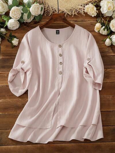 Plus Size Solid Color Round Neck Casual Shirt With Textured Fabric