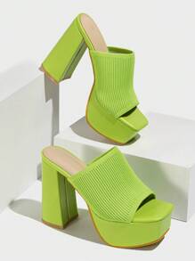 Women Chunky Heel Peep Toe Mule Knitted Summer Breathable Slip-On Party Waterproof Platform High Heel Sandals, Sexy