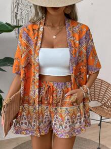 SHEIN Holidaya Women Summer Vacation Style Loose Fit Two-Piece Set Including Crop Top Kimono With Paisley Print And Shorts - Multicolor - View 1