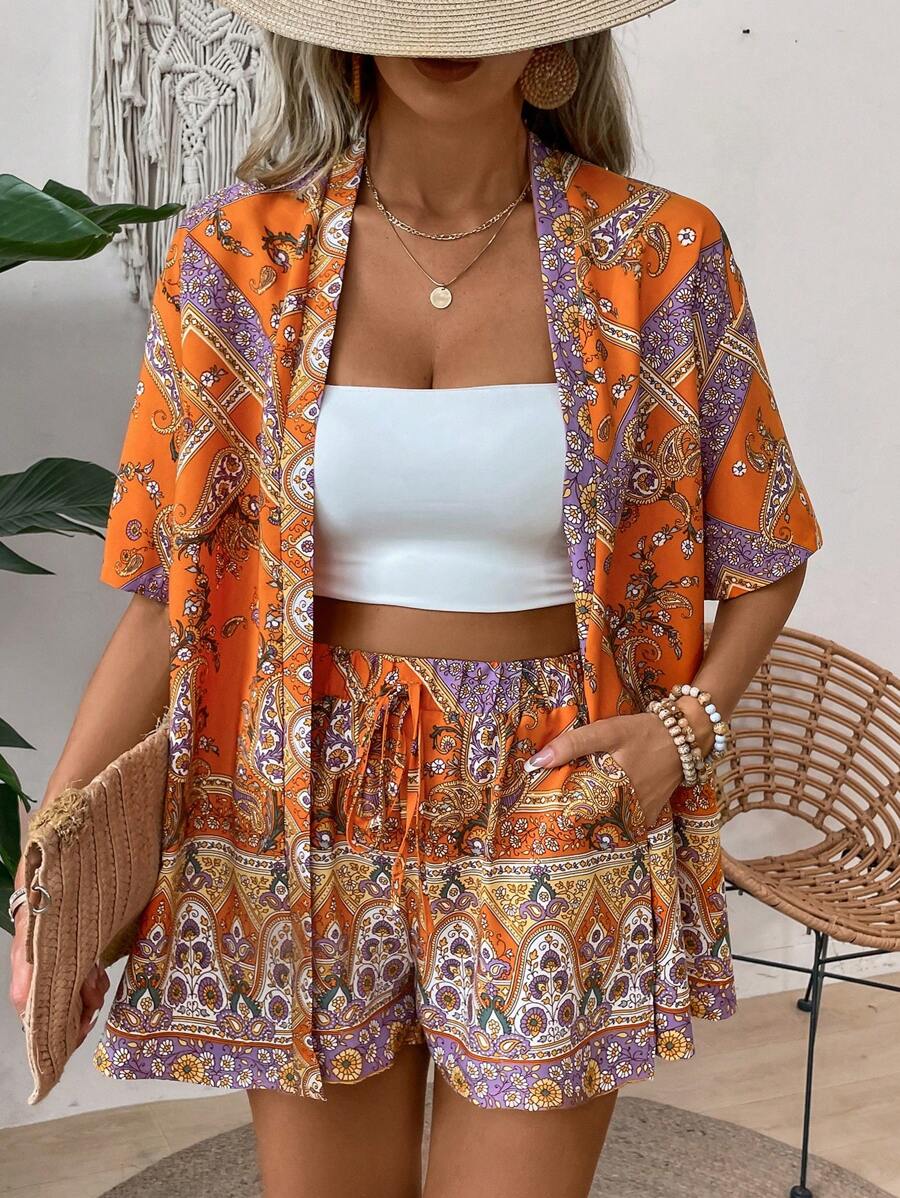 SHEIN Holidaya Women Summer Vacation Style Loose Fit Two-Piece Set Including Crop Top Kimono With Paisley Print And Shorts - Multicolor - View 1