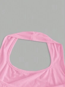 SHEIN EZwear Plus Size Women Pink Letter Print Tight Cropped Halter Neck Tank Top, Suitable For Summer - Pink - View 9