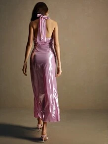 Anewsta Gentle Pink Pearl Glossy Halterneck Ladies Dress