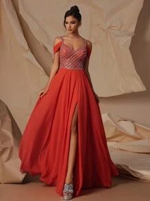 VIPGIRL 優雅橙色透視網紗高腰女晚禮服 - 橘色 - 查看 3