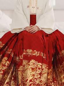 Elegant Red Hanfu Bottoms With Golden Embroidery Folk Style Long Polyester Skirt For Women