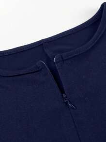 INAWLY Solva Zipper Half Placket Short Sleeve Elastic Fashion Summer Bodycon Jumpsuit Unitard - Blue - View 3