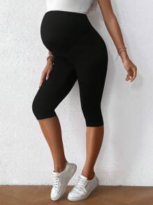SHEIN Pregnant Women Solid Color Adjustable Waist 3/4 Length Leggings For Maternity