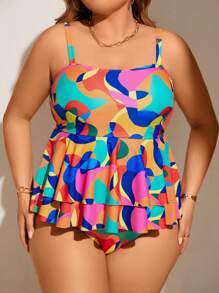 SHEIN Swim Curve Summer Beach Plus Size Color Block Spaghetti Strap Ruffle Hem Sleeveless Tankini - Multicolor - View 3