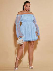 SHEIN BAE 大码女式夏季露肩亮片网眼 A 字形喇叭袖连衣裙 - 淺藍色 - 查看 4