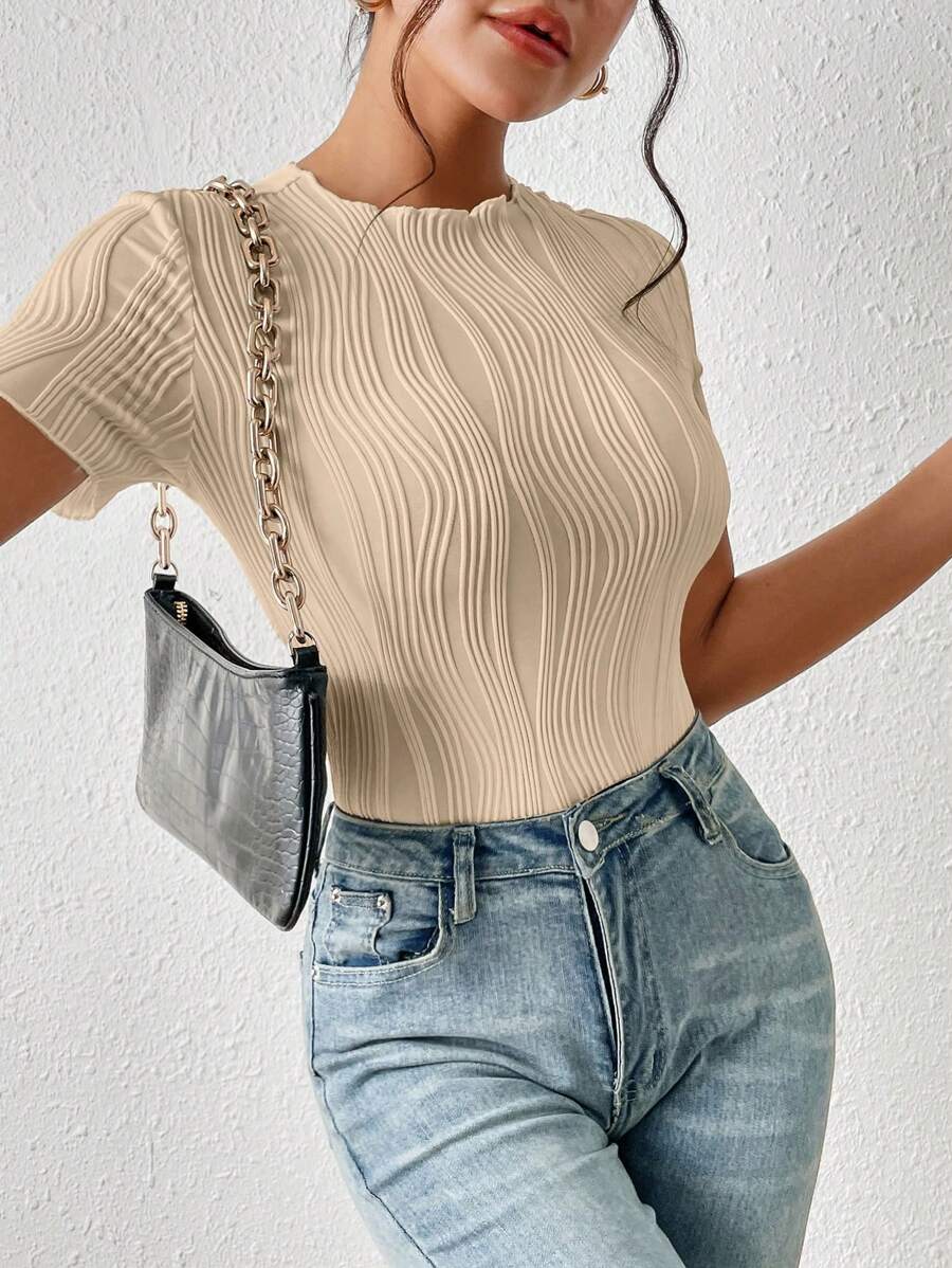SHEIN Frenchy Bộ đồ liền thân tay ngắn thêu khoét rỗng cổ tròn màu trơn cho nữ, thời trang, quần áo trở lại trường, phong cách Old Money, quần áo mùa thu, quần áo ngày 4 tháng 7, trang phục giáo viên - gừng - Xem 1