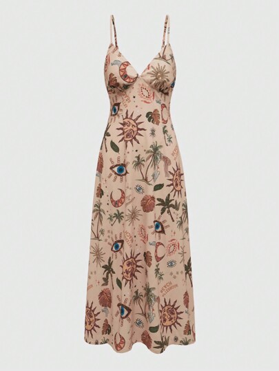 Hippie Ladies" Summer Palm Tree Printed Long Casual Sundress With Spaghetti Straps