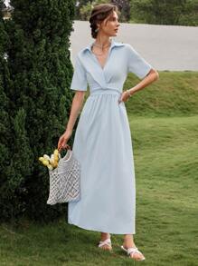 Aveloria Rosie Short Sleeve Solid Color Shirt Collar Women Dress