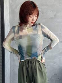 FRIFUL 女士扎染网眼生菜边长袖上衣，透明，秋季女装高领衫