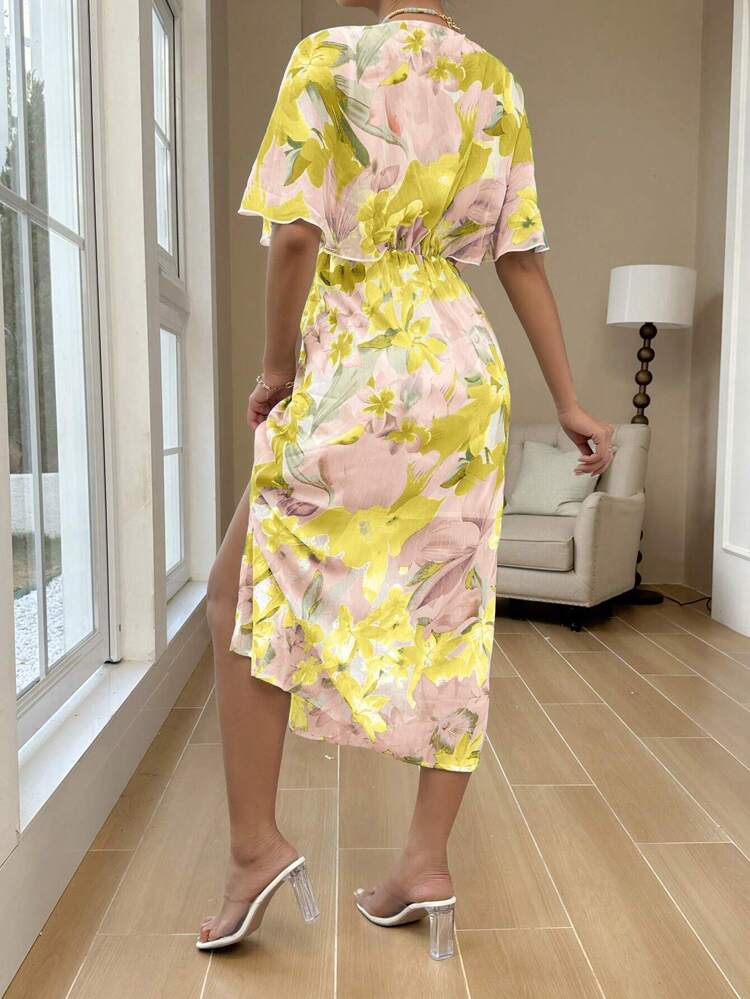 Women V-Neck Printed Beach Vacation Fashionable Spring/Summer Slit Dress