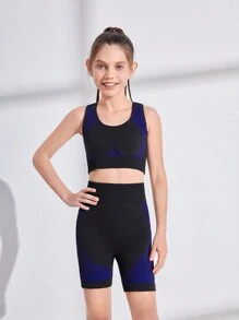 SHEIN Tween Girls Color Block Stretchy Round Neck Athletic Tank Top And Shorts Set - Black - View 4