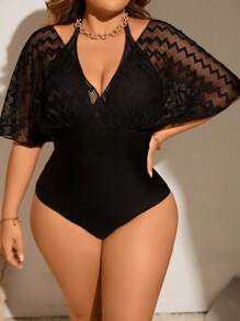 Swim Lushoire Maiô Fashion Plus Size Halter Praia de Verão com Detalhes em Mesh - Preto - Ver 1