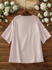EMERY ROSE Chemise Décontractée À Col Rond De Grande Taille, Couleur Unie Avec Tissu Texturé - Rose bonbon - Voir 2