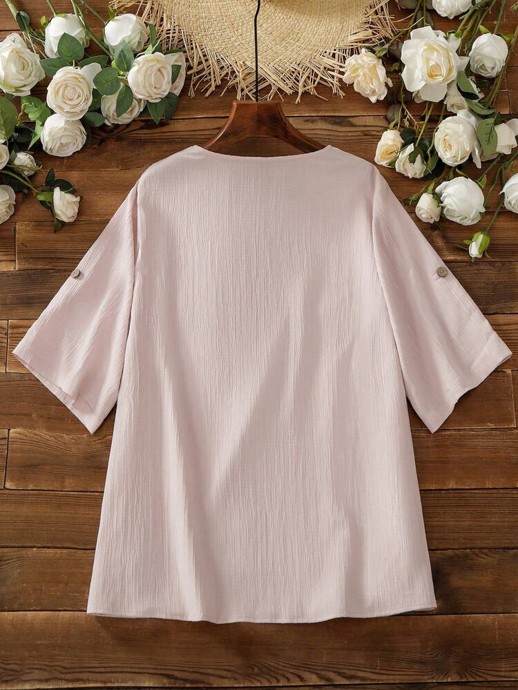 Plus Size Solid Color Round Neck Casual Shirt With Textured Fabric