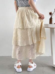 FRIFUL Women Cut-Out Elastic Waist Multi-Layered Hem Long Skirt - Beige - View 3