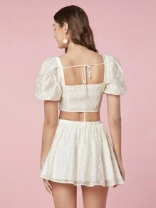 Enchnt Women Fashionable Short Puff Sleeve Top And Skirt Summer Two-Piece Outfits Set, For Music Festival