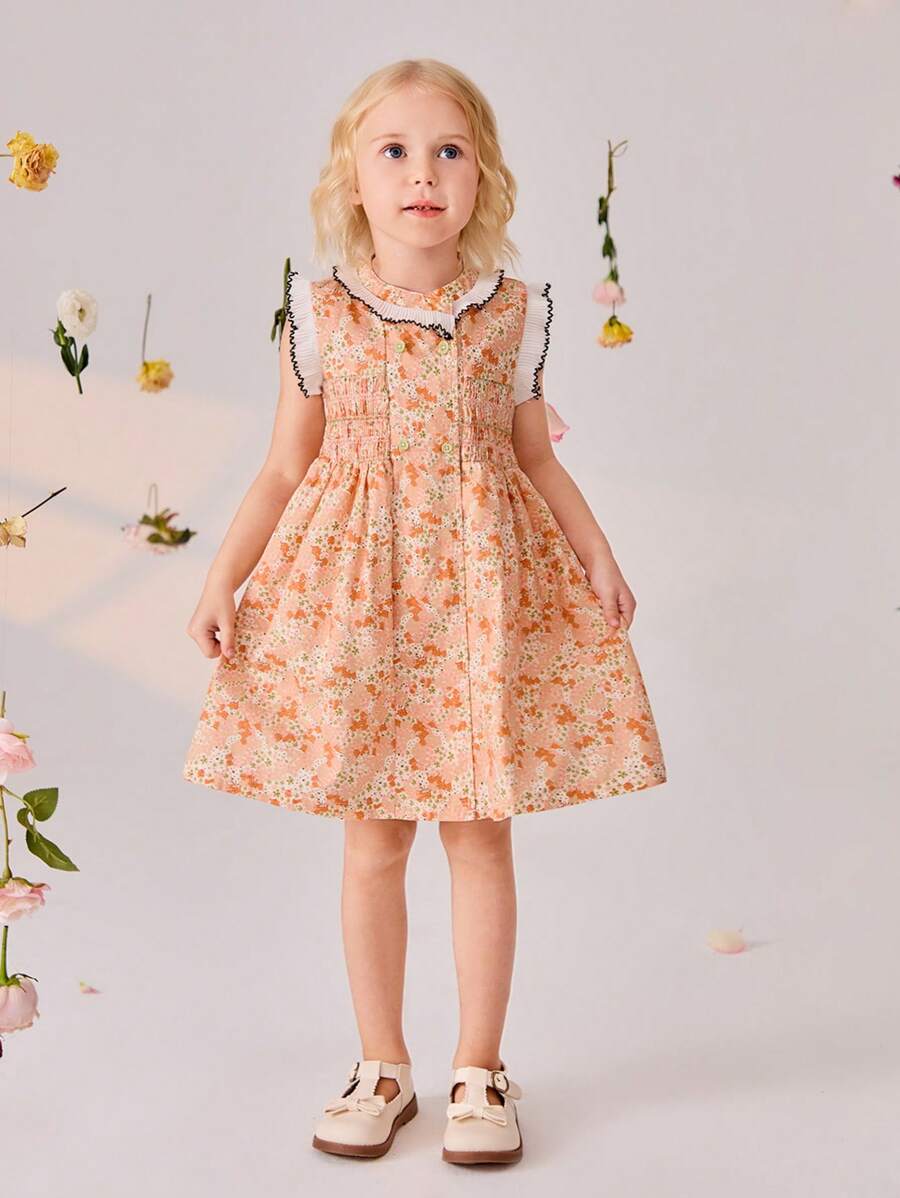 SHEIN 年輕女孩1件荷葉邊連衣裙，花卉印花夏季短裙