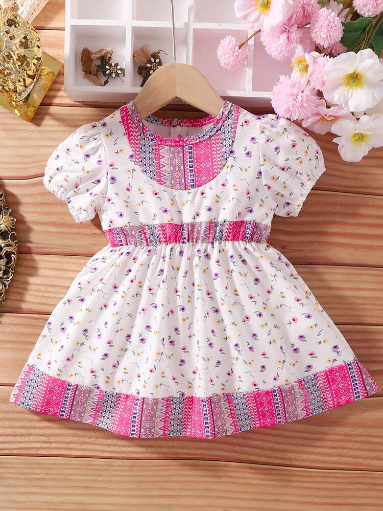 Baby Girl Casual Vintage Bohemian Style Bubble Sleeve Short-Sleeved Dress With Floral Print, Comfortable Elastic Cuff And Waist