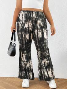 SHEIN Essnce Plus Size Women's Summer Casual Vacation Trousers, Tie-Dye Trousers, Elastic Waist Trousers, Baggy Pants,Summer Pants - Black - View 3
