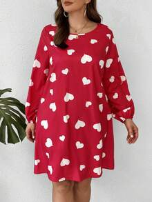 SHEIN LUNE 大尺碼春季休閒圓領愛心印花燈籠袖連衣裙 - 玫紅色 - 查看 5
