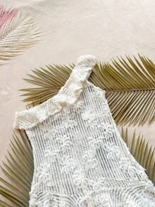 Soleia 女式假日沙灘白色單肩荷葉領3d花紋連衣裙 - 白色 - 查看 6