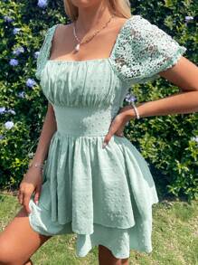 Breezaya 質感布料方領蓬袖綁蝴蝶結女性連身褲 - 綠色 - 查看 7