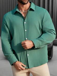 Manfinity Homme Camicia da uomo a maniche lunghe in tinta unita per taglie forti, camicia verde semplice con bottoni per uscire - Verde - Visualizzare 4