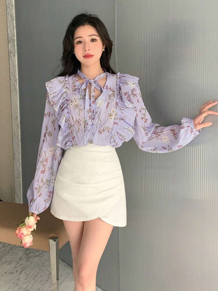 Women's Spring Autumn Casual Floral Print Ruffle Design Long Sleeve Blouse