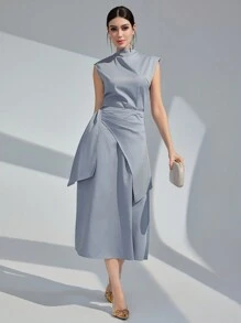 Modelyn 优雅休闲无袖上衣和百褶裙两件套，优雅晚会礼服 - 霧霾藍 - 查看 7