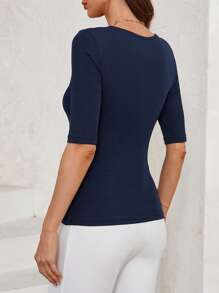 SHEIN Clasi Camiseta básica ajustada de cuello redondo y manga corta con patrón acanalado - Azul - Ver 5