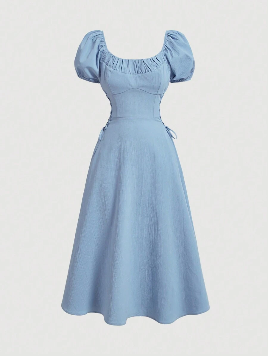 SHEIN MOD 夏季休闲蓝色褶皱泡泡袖腰系带泡泡裙 - 藍色 - 查看 1